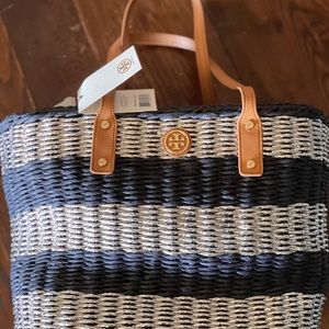 Tory Burch straw tote stripped silver/navy